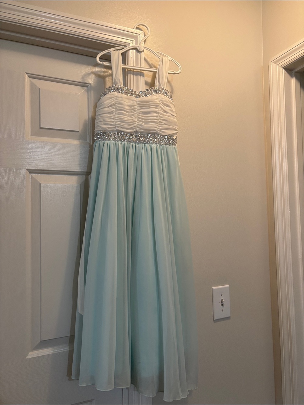 Girls' Light Blue & White Beaded Chiffon Dress